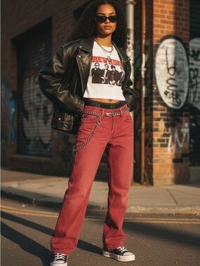 Replay Distressed Dusty Red Low Rise Edgy Y2K Straight Leg Street Style Jeans